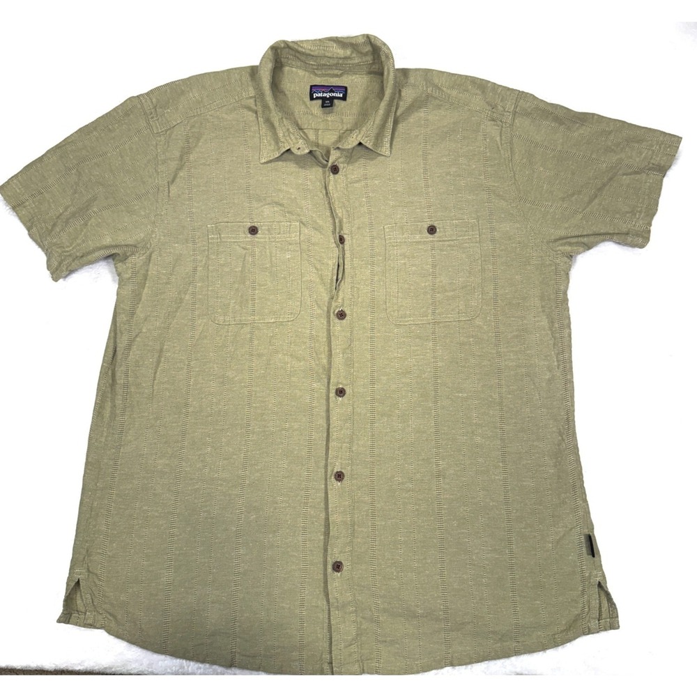 Patagonia Back Step Shirt Mens XL Olive Green Hemp Blend Short Sleeve Button Up